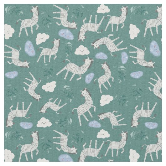 Wilde Zebra-Pferde Aquarellkinder blau Stoff (Nahaufnahme)