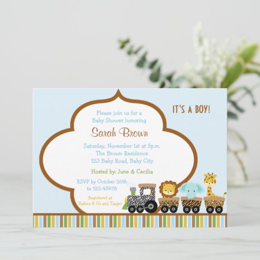 Wilde Zug-Safari-Tier-Einladung für Jungen Einladung (Stehend Vorderseite)