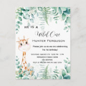 Wilder 1. Geburtstag Giraffe Dschungelwald Einladungspostkarte (Vorderseite)