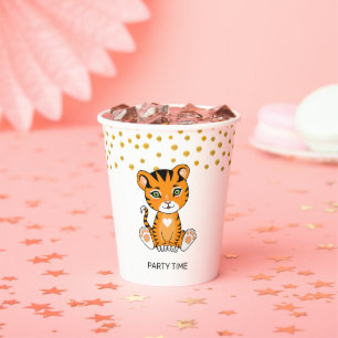 Wilder Baby-Tiger-Cartoon & Goldene Konfetti-Party Pappbecher