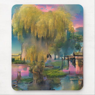 Wilder Baum bei Sonnenuntergang am Teich Mousepad