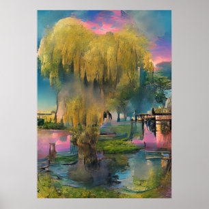 Wilder Baum bei Sonnenuntergang am Teich Poster
