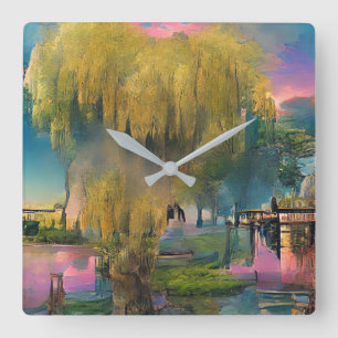 Wilder Baum bei Sonnenuntergang am Teich Quadratische Wanduhr