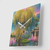 Wilder Baum bei Sonnenuntergang am Teich Quadratische Wanduhr (Winkel)