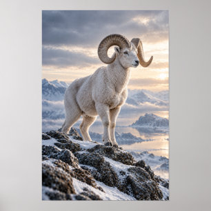 Wilder Bergbock auf schneebedecktem alpinem Grat W Poster