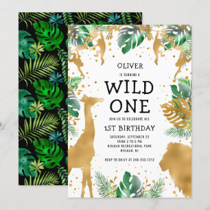 Wilder Dschungelsafari 1. Geburtstag Gold Grün Einladung