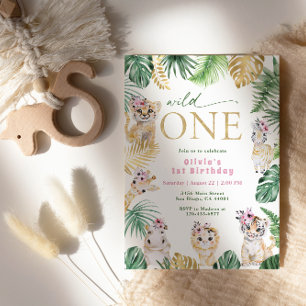 Wilder Dschungelsafari-Tier Gold 1. Geburtstag Einladung