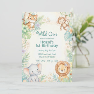 Wilder Dschungelsafari-Tiere Mädchen 1. Geburtstag Einladung