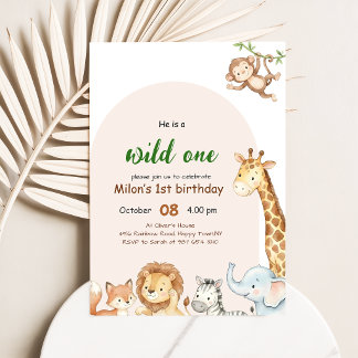 Wilder Einser-Bogenrahmen Safari-Tier-Junge 1. Geb Einladung