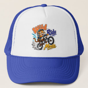 Wilder Fahrt-Modus Cartoon-Tiger fährt Fahrrad Kin Truckerkappe