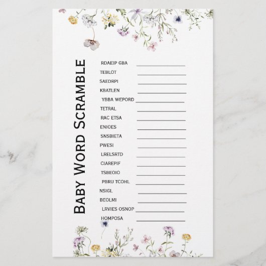 Wilder Garten blüht Baby Dusche Word Scramble (Vorderseite)