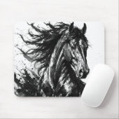 Wilder Geist in Tinte | Schwarz-Weiß-Pferdekunst Mousepad (Mit Mouse)