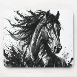 Wilder Geist in Tinte | Schwarz-Weiß-Pferdekunst Mousepad