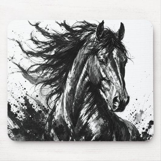 Wilder Geist in Tinte | Schwarz-Weiß-Pferdekunst Mousepad (Vorne)