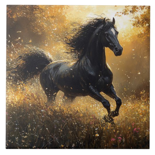 Wilder Hengst Schwarzer Hengst Mustang Fliese (Vorderseite)