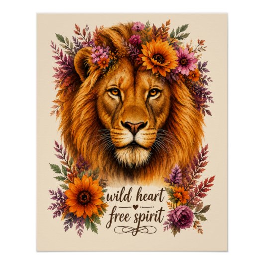 Wilder Herz Freier Geist Boho Floral Löwen Kunst Poster (Vorderseite)
