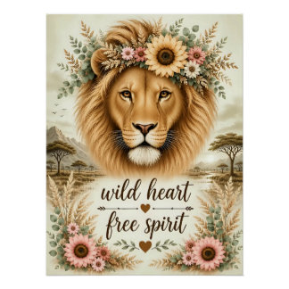 Wilder Herz Freier Geist Boho Floral Löwen Kunst Poster