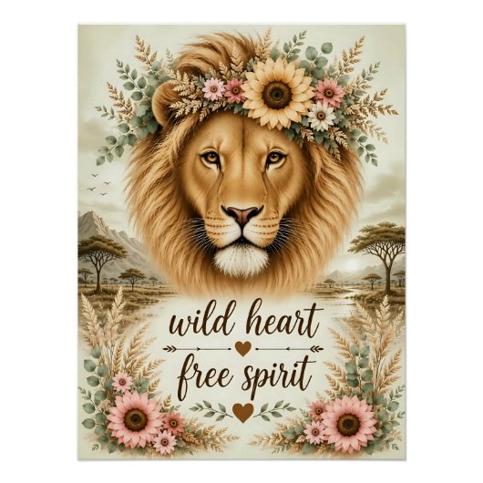 Wilder Herz Freier Geist Boho Floral Löwen Kunst Poster (Vorderseite)