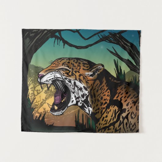 Wilder knurrender Jaguar-Dschungel Wandteppich (Vorderseite (Horizontal))