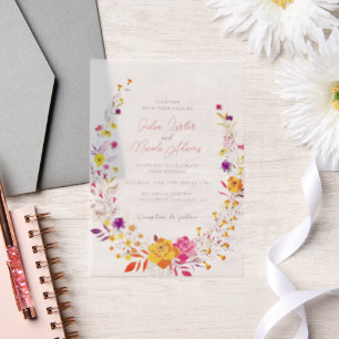 Wilder Kranz Schöne Herbstblumen Einfache Hochzeit Pergament Einladungen