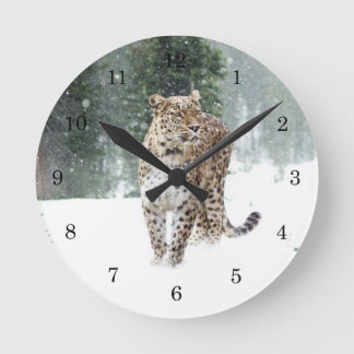 Wilder Leopard im Schnee Runde Wanduhr