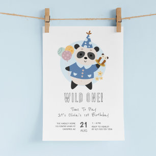 Wilder Panda-Bär Blau 1. Geburtstag Einladung