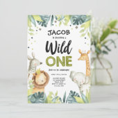 Wilder Safari-Goldjungen-Grün-Tier-Geburtstag Einladung (Stehend Vorderseite)
