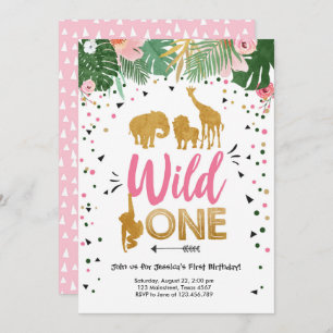 Wilder Safari-Goldmädchen-Rosa-Tier-Geburtstag Einladung