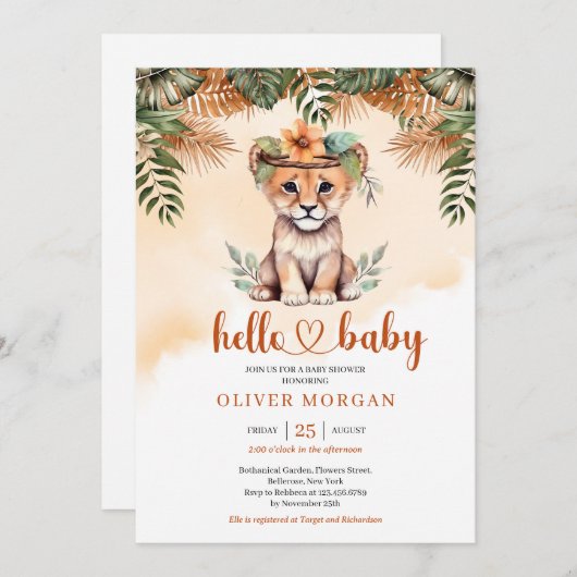 Wilder Safari Terracotta getrocknete Palme niedlic Einladung (Vorne/Hinten)