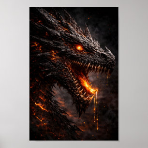 Wilder schwarzer Feuerdrache mit glühendem Glutaug Poster
