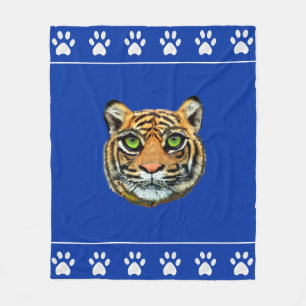 Wilder Tiger und Pfoten auf Blau Fleecedecke