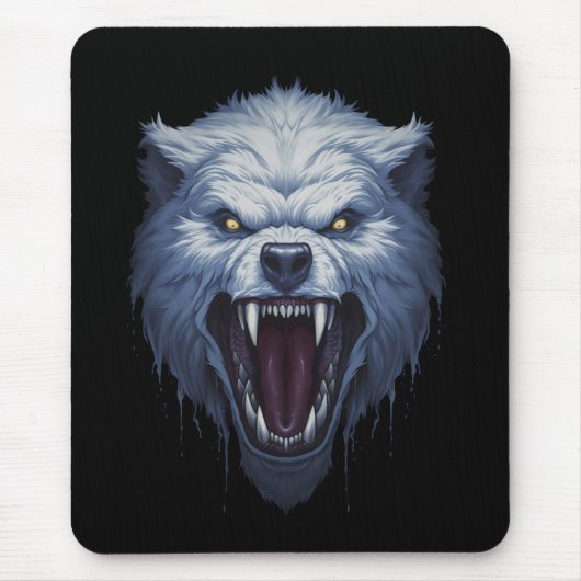 Wilder Weißer Wolfskopf Dark Fantasy Illustration Mousepad (Vorne)