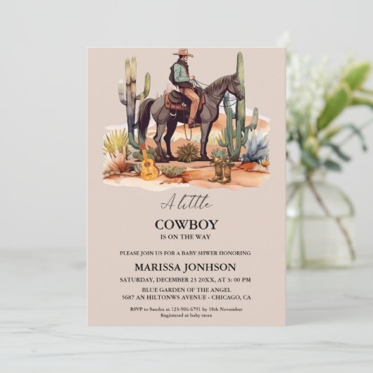Wilder Western kleiner Cowboy auf dem Weg Babydusc Einladung (Stehend Vorderseite)