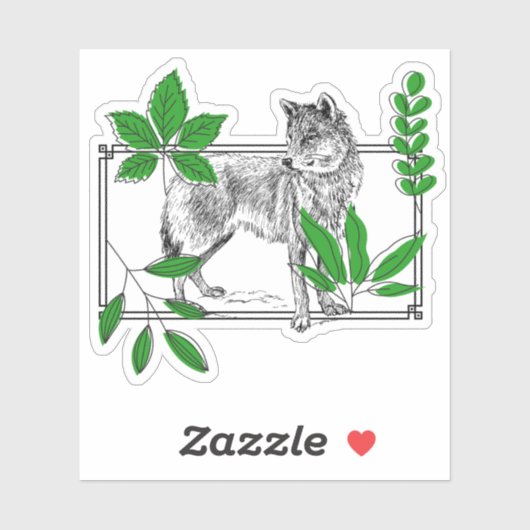 Wilder Wolf & Grüne Blätter - Naturkunst Aufkleber (Blatt)