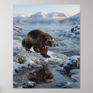 Wilder Wolverine Schneebedeckter Bergfluss Reflexi Poster