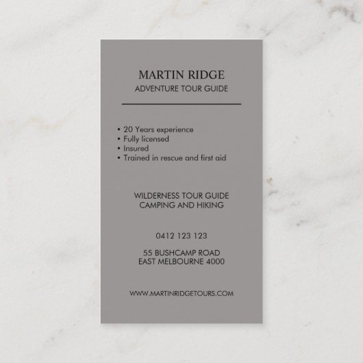 Wilderness Adventure Tour Guide Camping Visitenkarte (Rückseite)