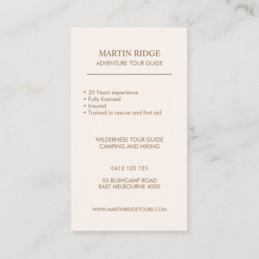 Wilderness Adventure Tour Guide Camping Visitenkarte (Rückseite)