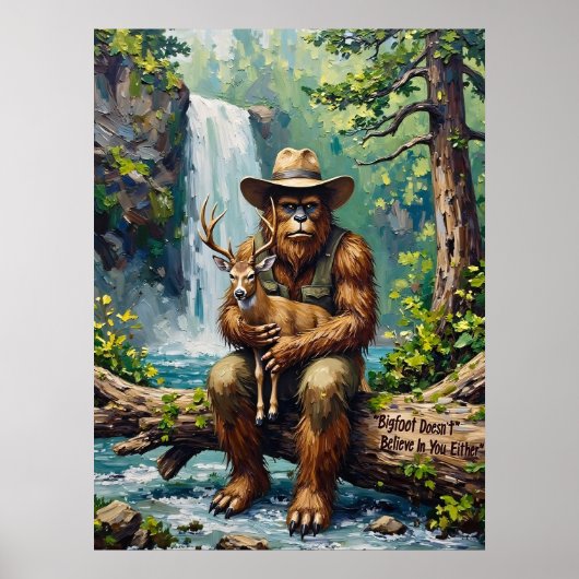 Wilderness Embrace: Sasquatch und das junge Hirsch Poster (Vorne)