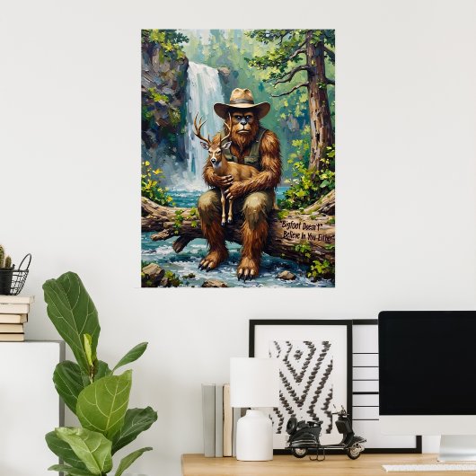 Wilderness Embrace: Sasquatch und das junge Hirsch Poster (Heimbüro)