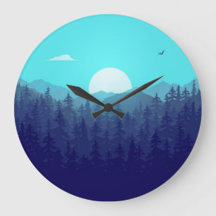 Wilderness Forest Sunrise Vintag Illustration Große Wanduhr