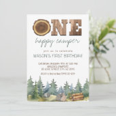 Wilderness One Happy Camper Boy's 1. Geburtstag Einladung (Stehend Vorderseite)
