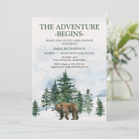 Wilderness Trees Brown Bear Baby Shower Einladung (Stehend Vorderseite)