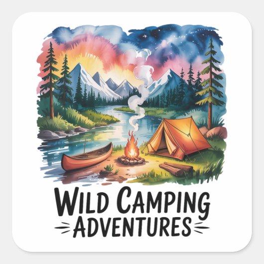 Wildes Camping Adventures Wasserfarben Design Quadratischer Aufkleber (Vorderseite)