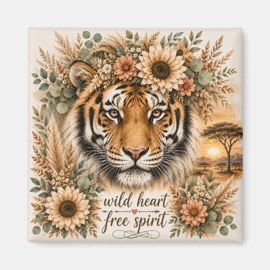 Wildes Herz Freier Geist Boho Floral Tiger Kunst Magnet (Vorne)