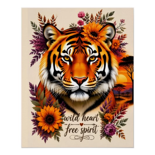 Wildes Herz Freier Geist Boho Floral TigerArt Poster (Vorderseite)