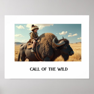 Wildes Kind reitet auf dem Bison Poster