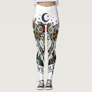 Wildes Kind Wolf Blumenkrone Dolch Tattoo Flash F Leggings