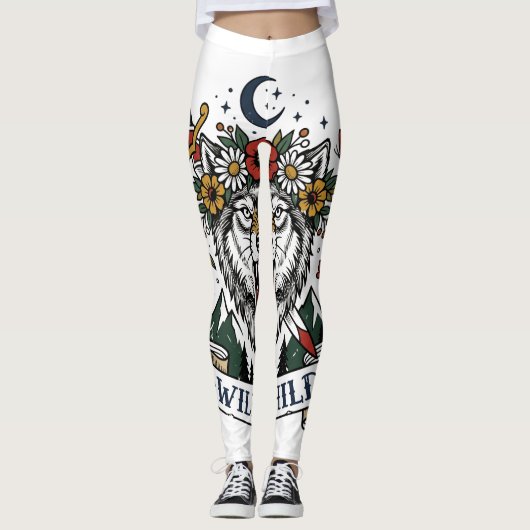 Wildes Kind Wolf Blumenkrone Dolch Tattoo Flash F Leggings (Vorderseite)