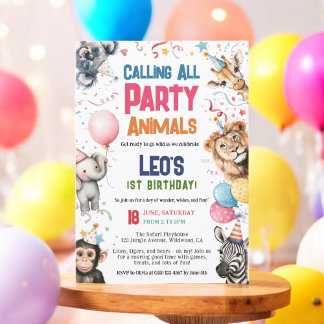 Wildes Party, das alle Tiere anruft 1. Geburtstag  Einladung