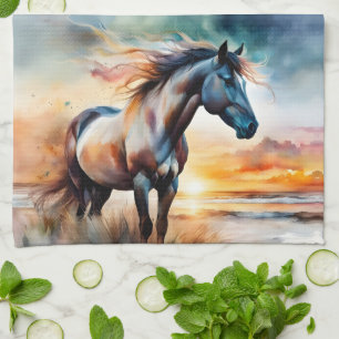 Wildes Pferd auf Grassy Düne bei Sonnenuntergang Geschirrtuch